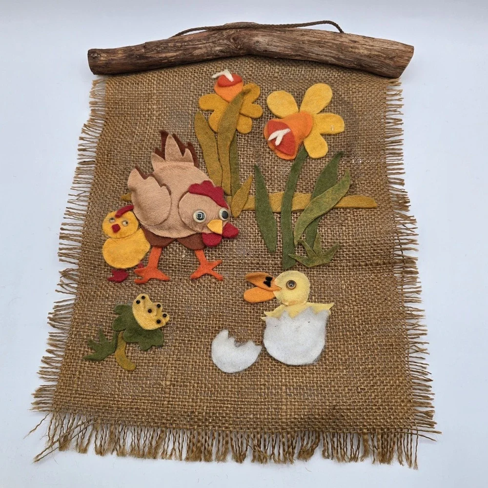 Burlap Chicken Chicks Wall Decor Hanging Farmhouse Country Cottagecore Vtg
